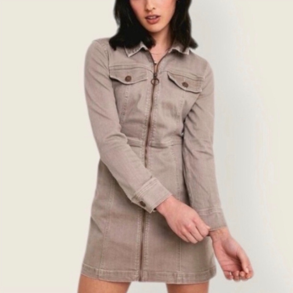 BDG Taupe Zip-Front Denim Shirt Dress Jacket